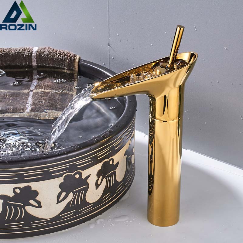 Golden Waterfall Spout Basin Faucet Deck Mounted Single Handle Bathroom Vessel Sink Mixer Tap One Hole Hot Cold Water Tap|Basin Faucets|   - AliExpress