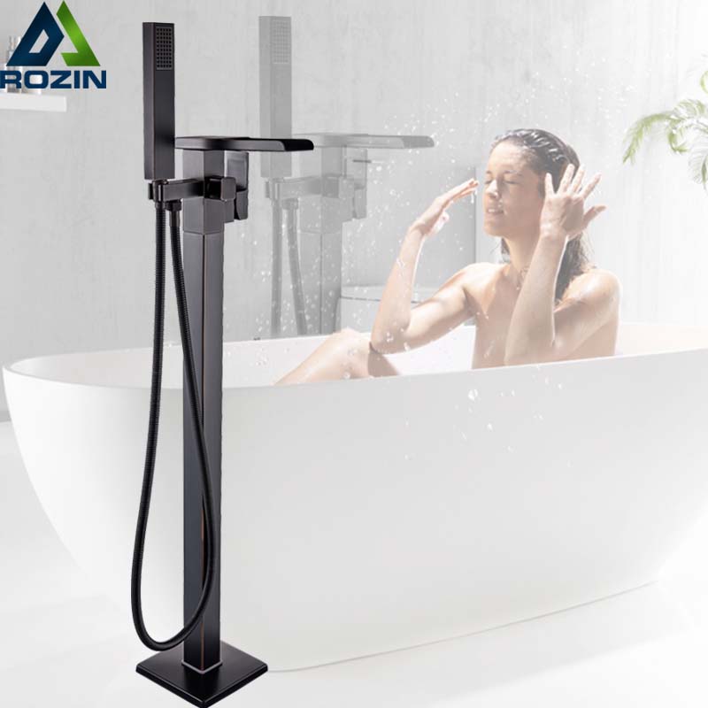 Black Bronze Floor Mounted Bathtub Mixer Tap Waterfall Spout Clawfoot Bathroom Tub Faucet with Hand Shower Hot Cold Water Tap|Bathtub Faucets|   - AliExpress