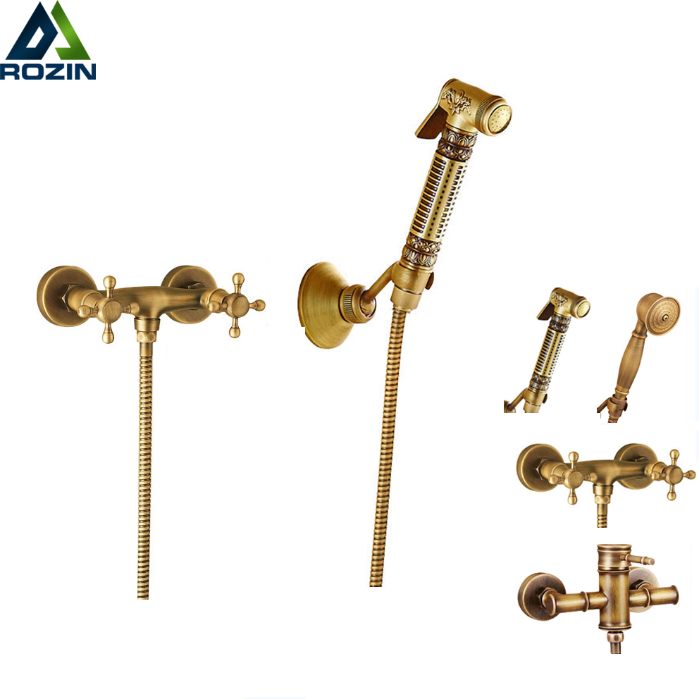 Wall Mounted Brass Bidet Mixer Faucet Toilet Sprayer Tap Antique Bathroom Mop Cleaning Tap Handheld Shower Set|shower set|shower set antiquefaucet shower set - AliExpress