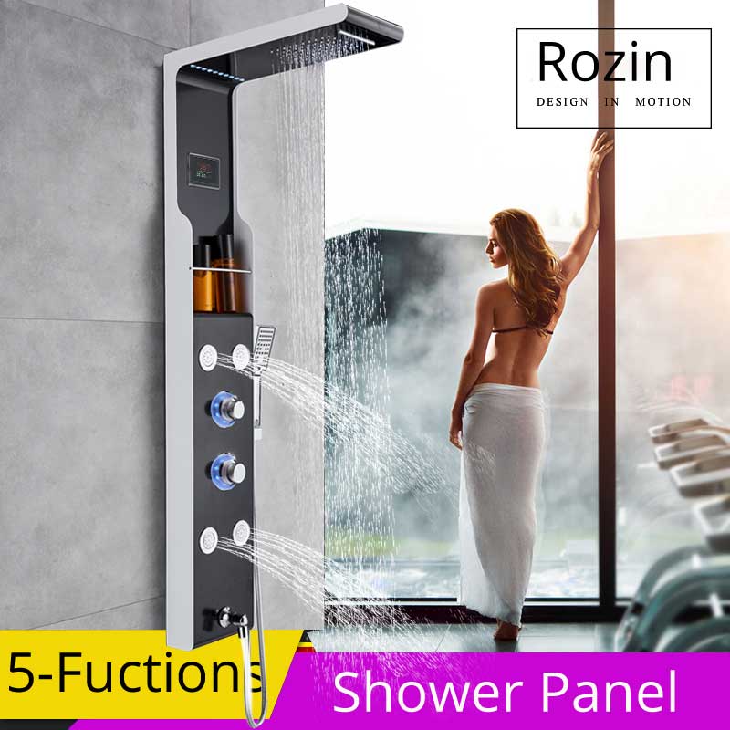 Waterfall Rain Shower Faucet Blue Light Bath Shower Panel with Storage Shelf SPA Body Massage Jet Shower Mixer Tap Rotate Spout|Shower Faucets|   - AliExpress