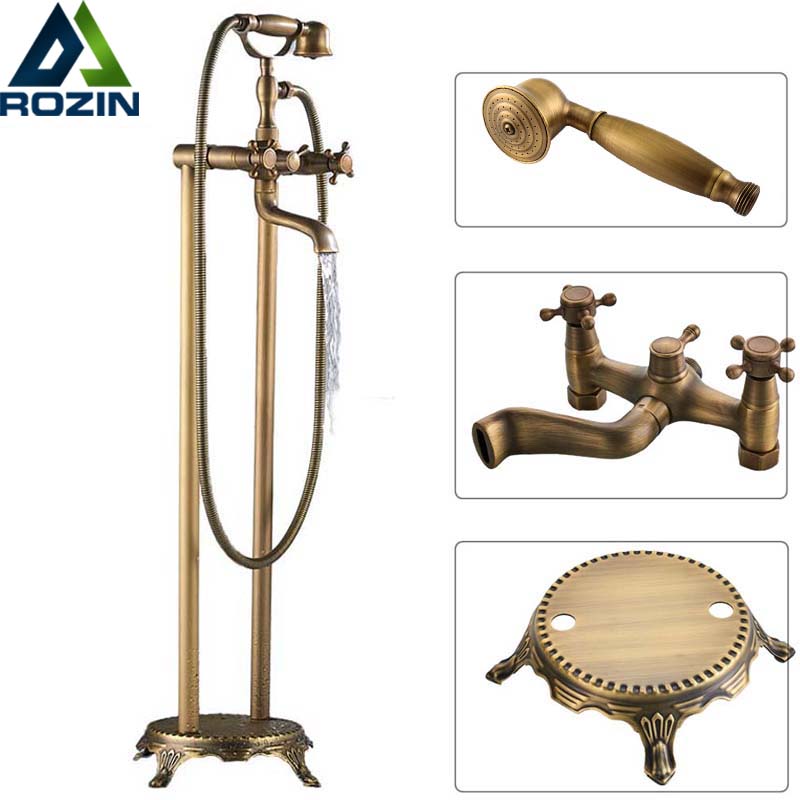 Antique Brass Floor Mounted Tub Sink Faucet Dual Handle Bathroom Bath Shower Set Freestanding Bathtub Mixer Tap with Handshower|pipe plumbing|shower hose 1.5mshower hose - AliExpress