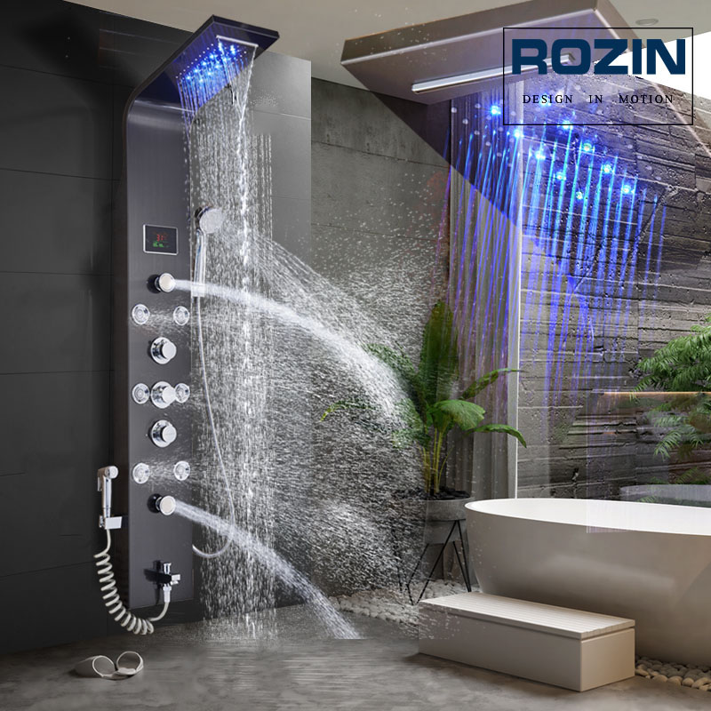 LED Light Shower Faucet Bathroom Waterfall Rain Black Shower Panel In Wall Shower System with Spa Massage Sprayer and Bidet Tap|Shower Faucets|   - AliExpress