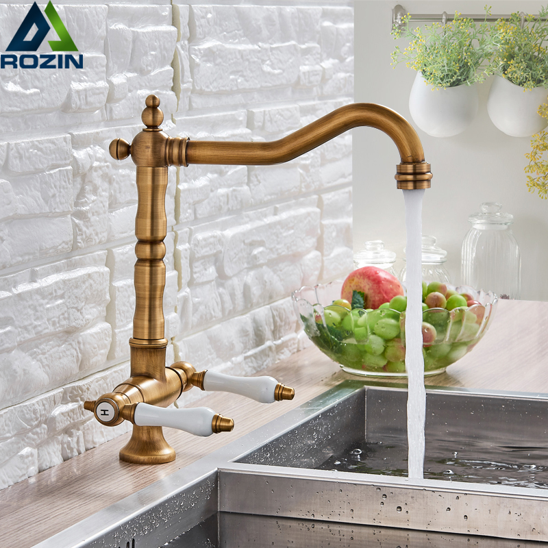 Dual Ceramic Handle Kitchen Sink Faucet Single Hole Antique Brass Cold and Hot Water Tap Swivel Spout Kitchen Mixer Tap|Kitchen Faucets|   - AliExpress