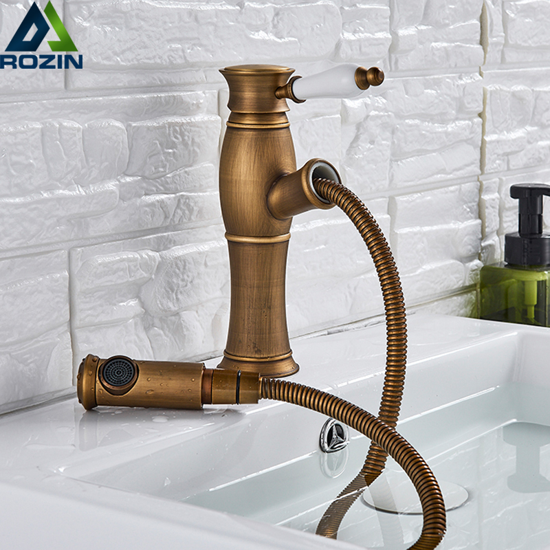 Antique Brass Pull Out Basin Faucet Single Ceramic Handle Hot Cold Water Tap Deck Mounted Pull Out Spout Bathroom Kitchen Tap|Basin Faucets|   - AliExpress