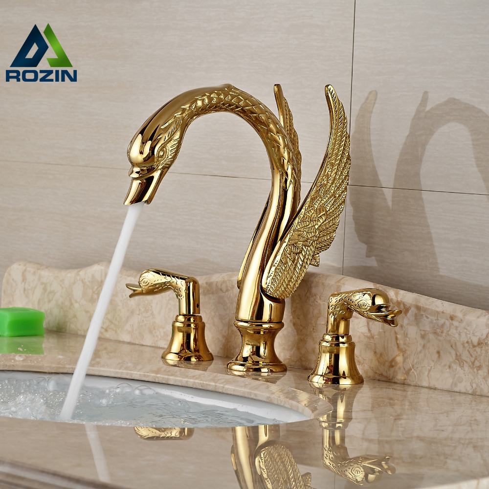 Soild Copper Gold Finish Bathroom Faucet Luxury Golden Swan Shape Basin Tap Dual Handle Deck Mount|deck mounted|bathroom faucetbasin tap - AliExpress