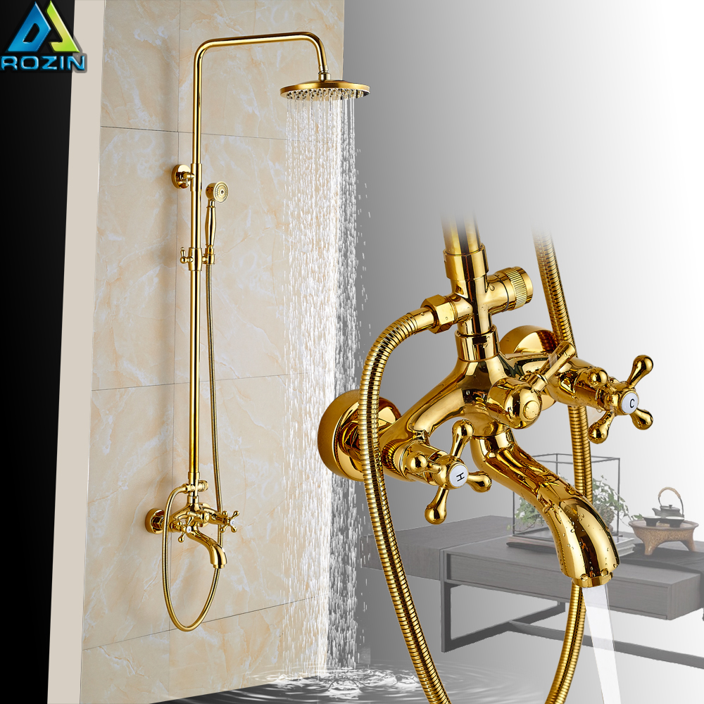 Luxury Golden Bathroom Shower Mixer Taps Wall 8" Rainfall Bath Shower Faucet Set W/ Handshower Tub Spout|faucet set|shower faucet setbathroom shower mixers - AliExpress