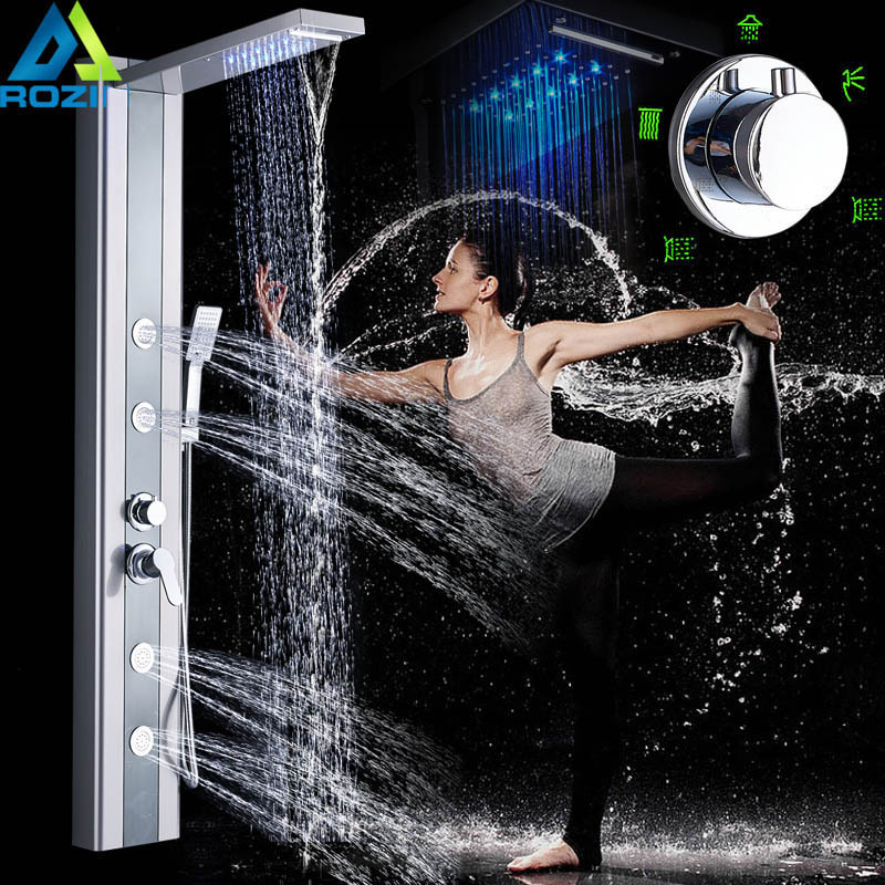 LED Light Shower Panel Tower Brushed Nickel Shower System 3 Function Handshower SPA Massage Sprayer Jet Bath Shower Mixers|Shower Faucets|   - AliExpress