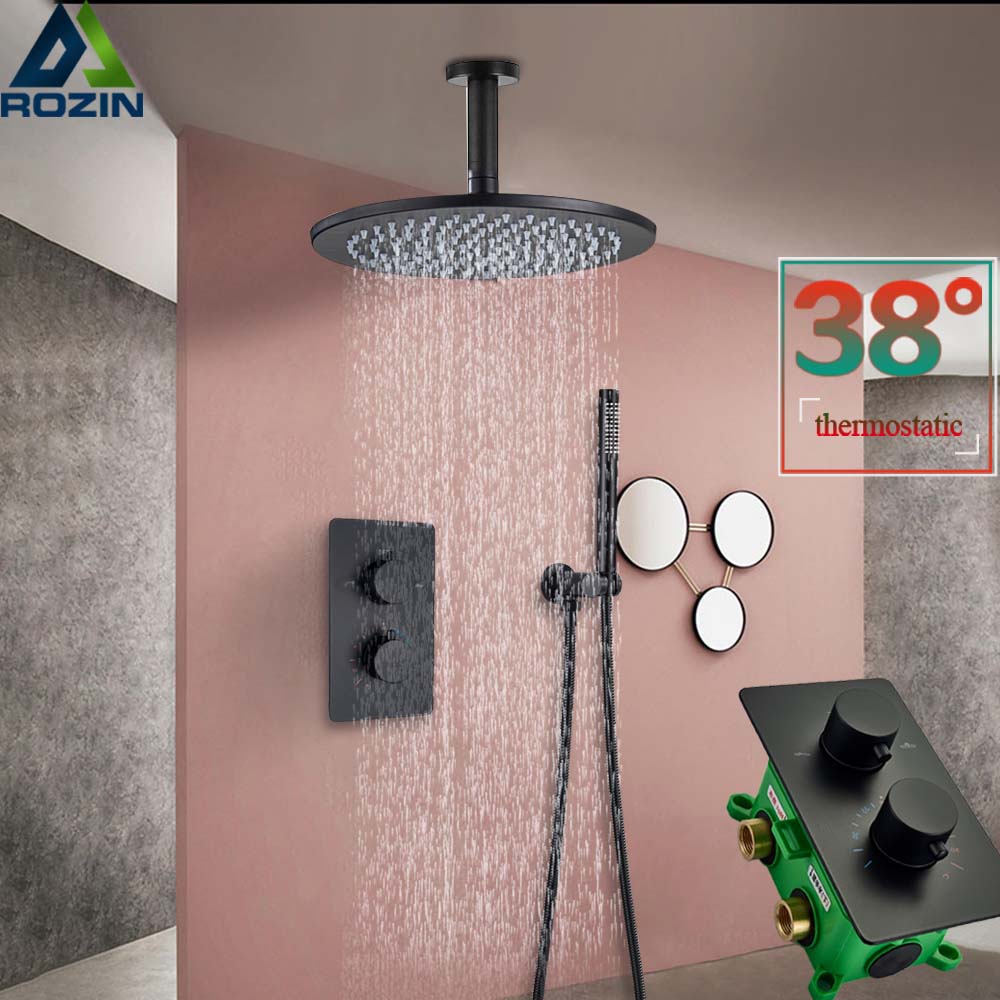 Thermostatic Shower Faucet Matte Black Ceiling Mounted Bathroom Rainfall Shower Column Dual Handle Concealed Shower Mixer Tap|Shower Faucets|   - AliExpress