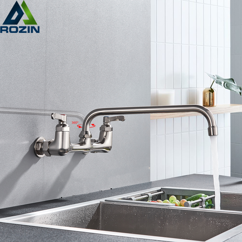 Wall Mounted Long Spout Kitchen Sink Faucet Dual Handle Brushed Nickel Bathroom Kitchen Mixers Rotate Long Nose Hot Cold Taps|Kitchen Faucets|   - AliExpress