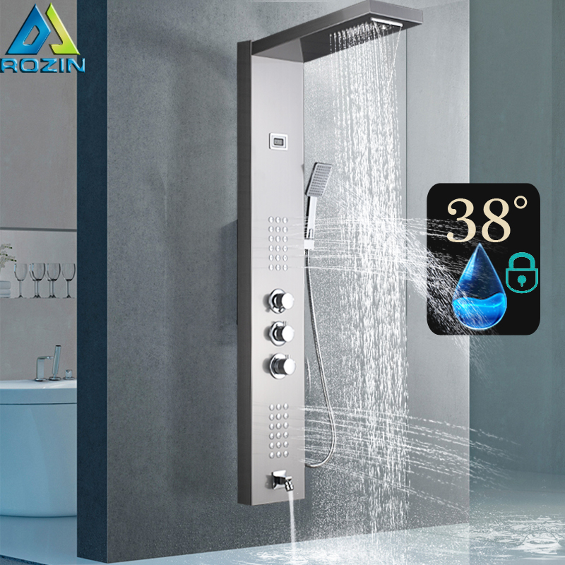 Intelligent Thermostatic Shower Panel Faucet Thermostatic Mixer Shower Set Waterfall Rain Bath Shower Faucet System 3 Handles Ta|Shower Faucets|   - AliExpress