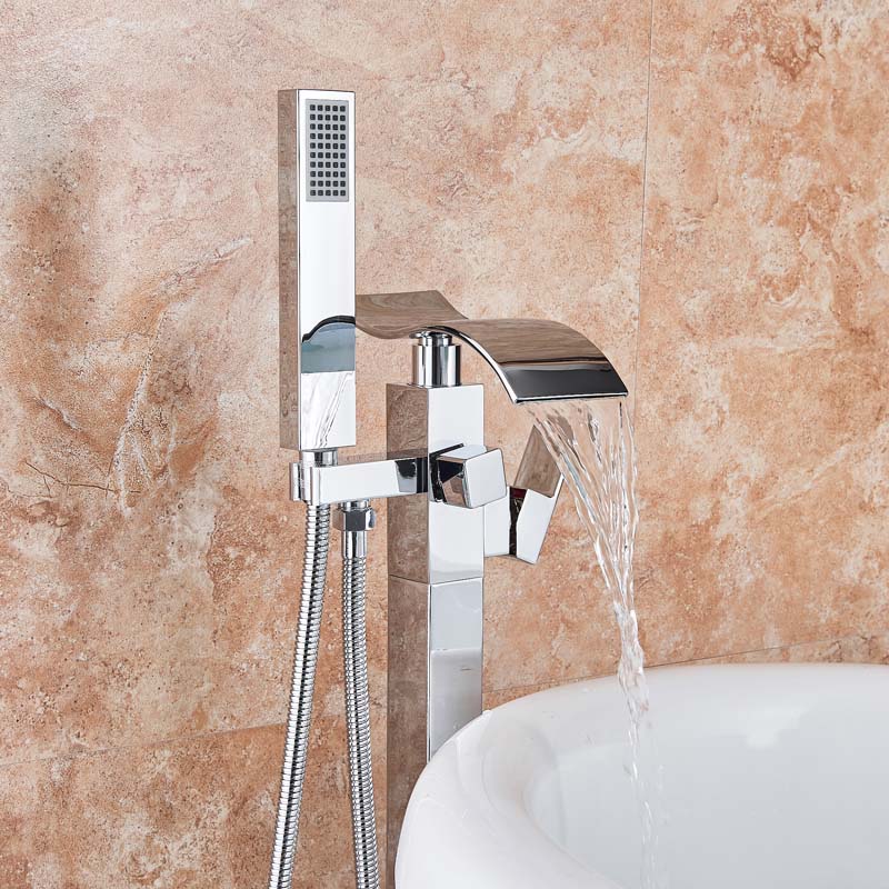 Chrome Waterfall Bathtub Faucet Floor Mounted Brass Square Bath Shower Set with Handshower Freestanding Tub Sink Tap Clawfoot|Shower Faucets|   - AliExpress