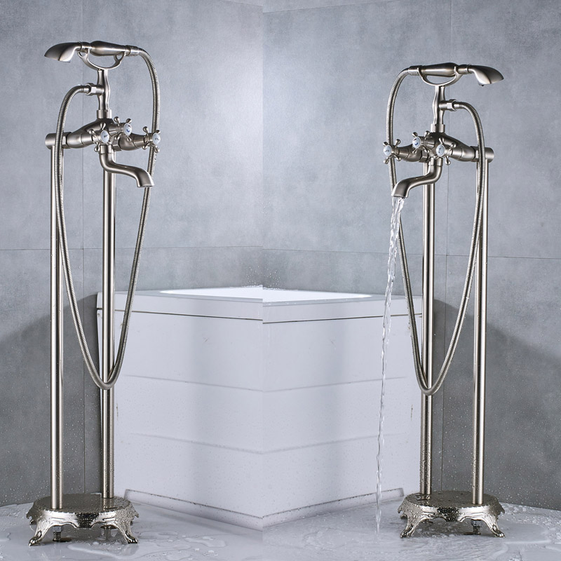 Chrome Free Standing Bath Tub Faucet Dual Handle Brass Floor Mounted Clawfoot Bathroom Bathtub Mixers Swivel Spout Hand Shower|shower shower|shower spoutshower swivel - AliExpress