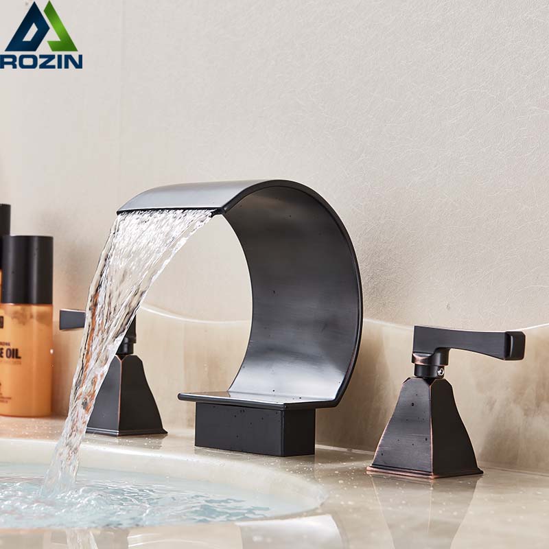 Widespread Waterfall Bathroom Faucet Dual Handle Brass Hot Cold Water Tap Black Bronze Deck Mounted Wash Sink Taps|Basin Faucets|   - AliExpress