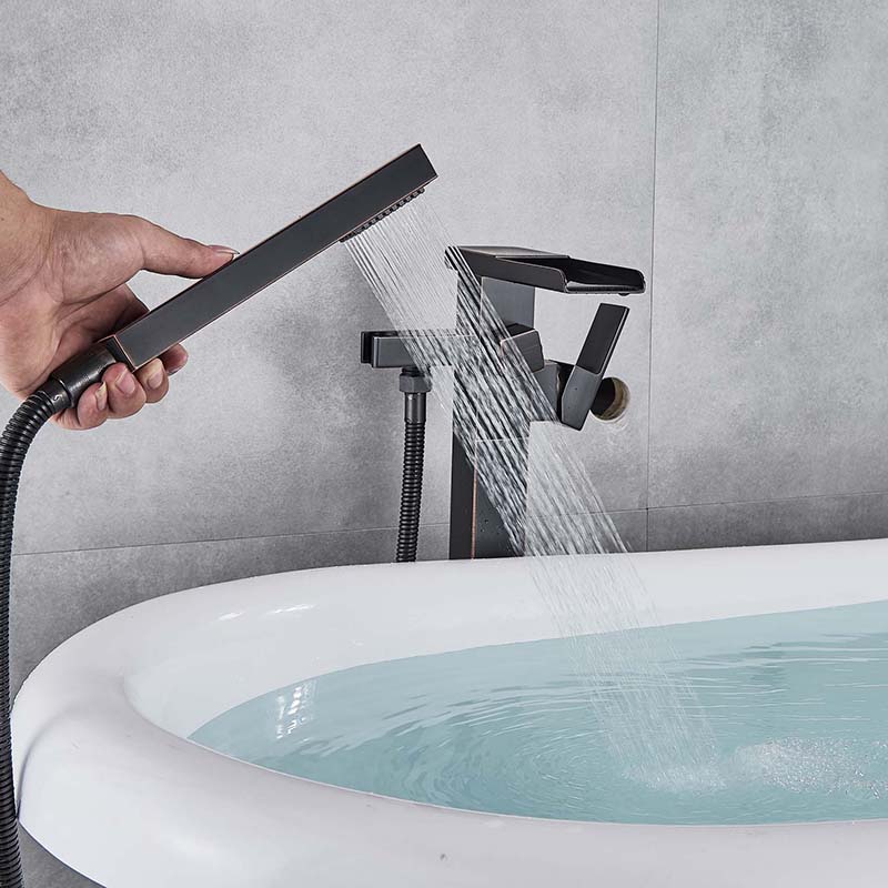 Black Bronze Floor Mounted Bathtub Mixer Tap Waterfall Spout Clawfoot Bathroom Tub Faucet with Hand Shower Hot Cold Water Tap|Bathtub Faucets|   - AliExpress