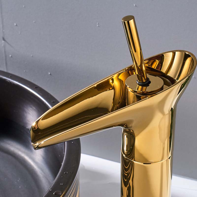 Golden Waterfall Spout Basin Faucet Deck Mounted Single Handle Bathroom Vessel Sink Mixer Tap One Hole Hot Cold Water Tap|Basin Faucets|   - AliExpress