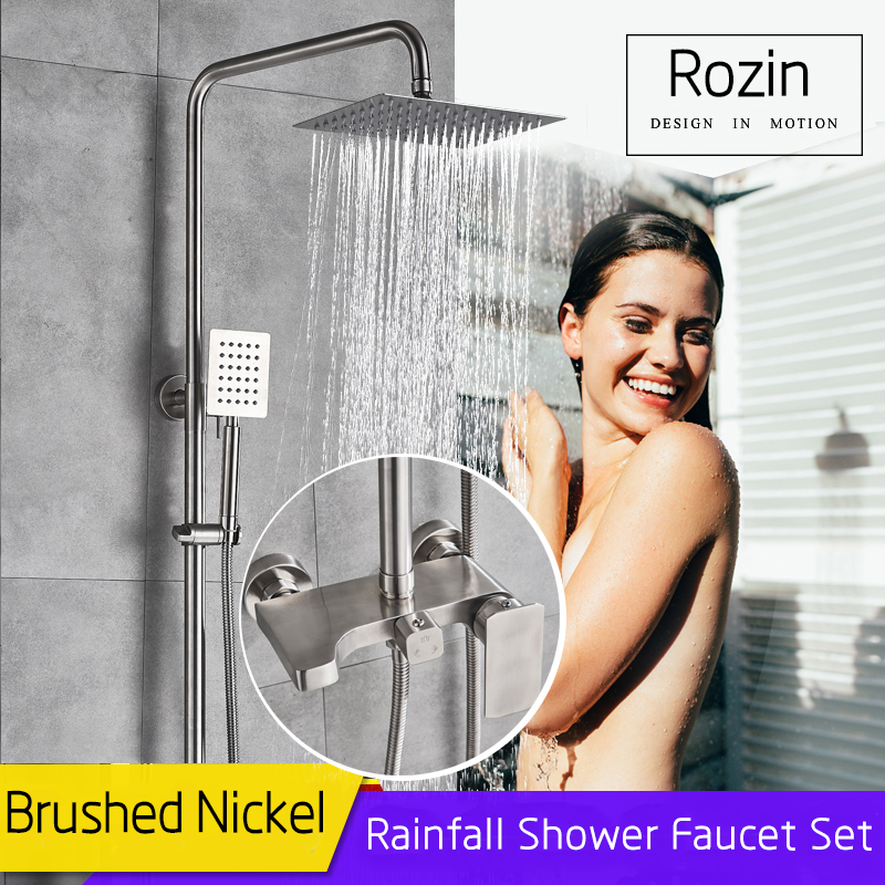 Brushed Nickel Shower Mixer Set Wall Mounted Bath Shower Kit Rainfall Shower Head Faucet Storage Shelf Brass 3 ways Mixer Valve|Shower Faucets|   - AliExpress