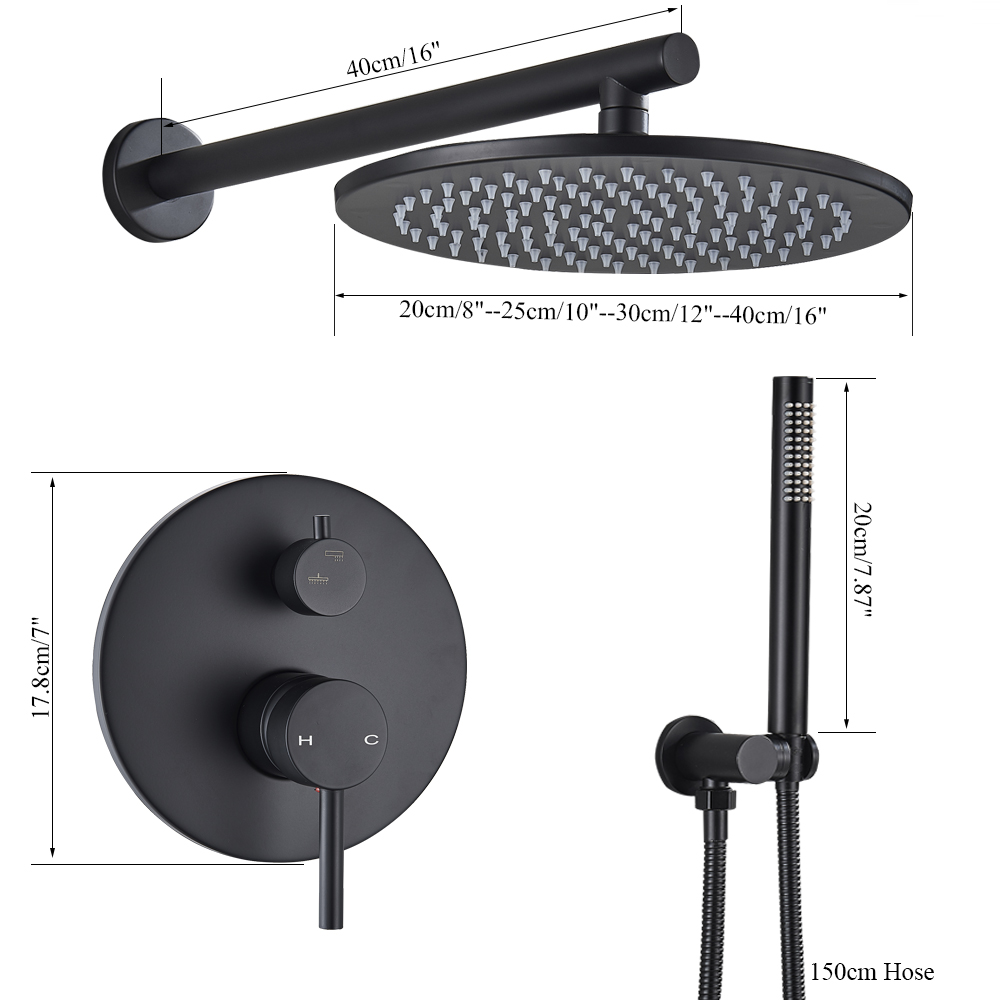 Matte Black Shower Faucet Brass Rainfall Concealed Shower Mixer Tap In wall 8/10/12/16" Rain Shower Head Diverter Mixer Valve|Shower Faucets|   - AliExpress