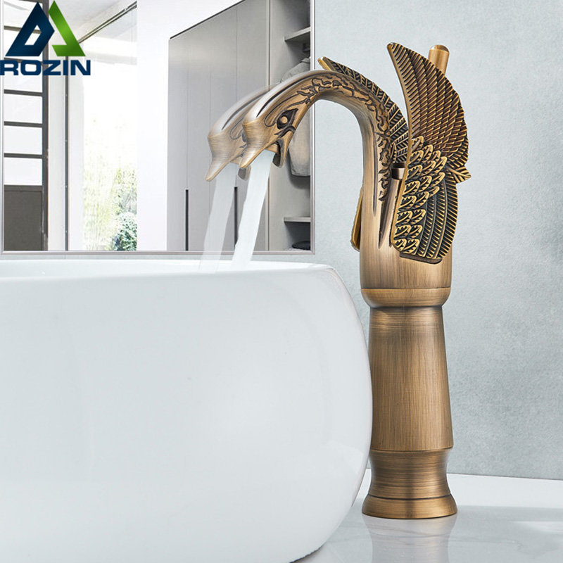 Antique Brass Bathroom Cold and Hot Water Faucet Swan Basin Sink Mixer Tap Deck Mounted Single Hole Basin Vanity Sink Mixers|Basin Faucets|   - AliExpress