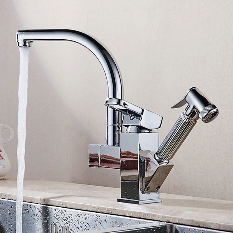 Polished Chrome Dual Spout Pull Out Kitchen Faucets Deck Mounted Shower Sprayer Kitchen Taps with Hot and Cold Water Pipes|kitchen taps|kitchen faucetfaucet kitchen - AliExpress