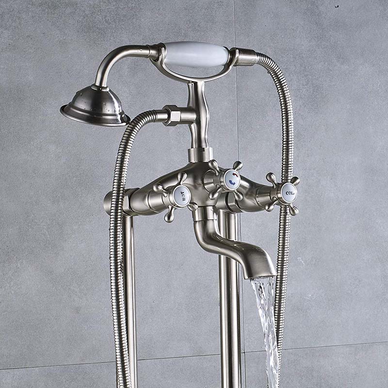 Free Standing Brushed Nickel Bathtub Faucet Dual Handle Floor Mounted Tub Sink Mixer Faucet Brass Bathroom Bath Shower Set Tap|Shower Faucets|   - AliExpress