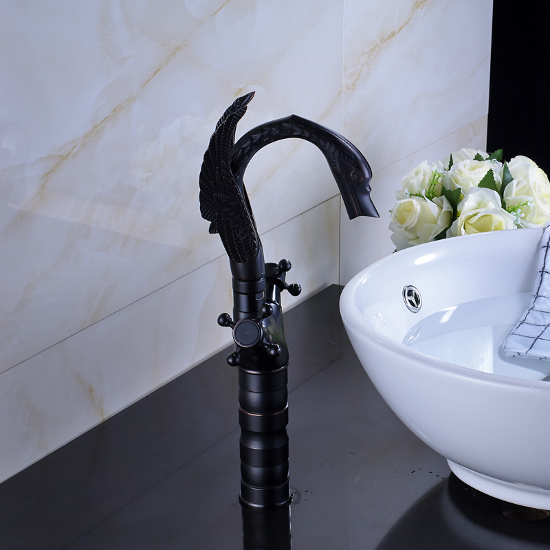 Dual Cross Handle Black Bronze Basin Faucet Deck Mounted Countertop Swan Bathroom Mixer Faucet hot and cold water