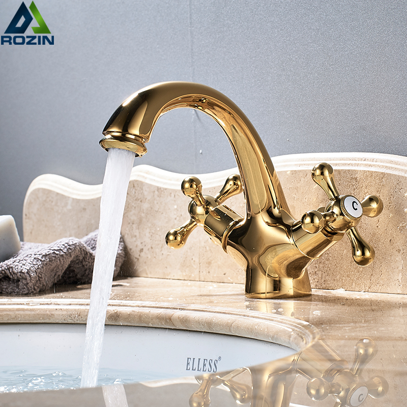 Dual Handle Bathroom Vessel Sink Mixer Taps Deck Mounted Hot and Cold Water Basin Faucet Single Hole Gold Mixer Crane Cook|deck mounted|mixer tapsbasin faucet - AliExpress