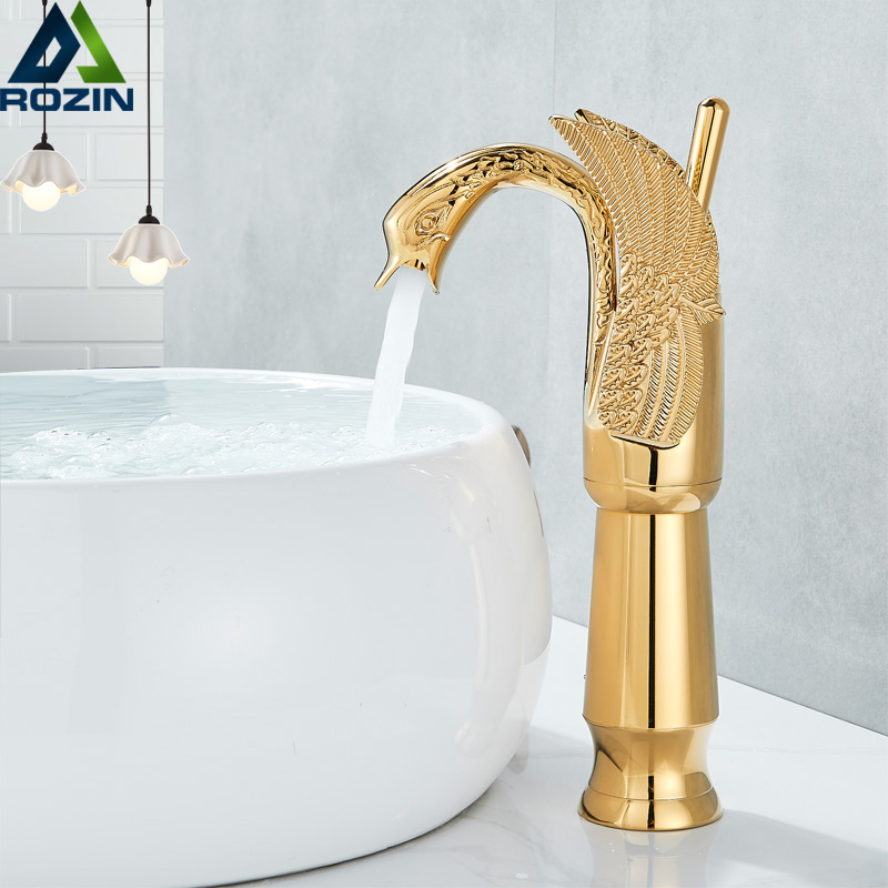 Swan Shape GoldenBasin Sink Faucet Bathroom Countertop Centerset Basin Mixer Tap Chrome Single Handle Swan Cold Hot Water Faucet|Basin Faucets|   - AliExpress