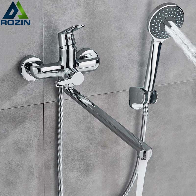 Bright Chrome Long Nose Bathtub Faucet Wall Mounted Single Handle Tub Mixer Tap Bathroom Tub Sink Tap with Hand Shower Head|Bathtub Faucets|   - AliExpress