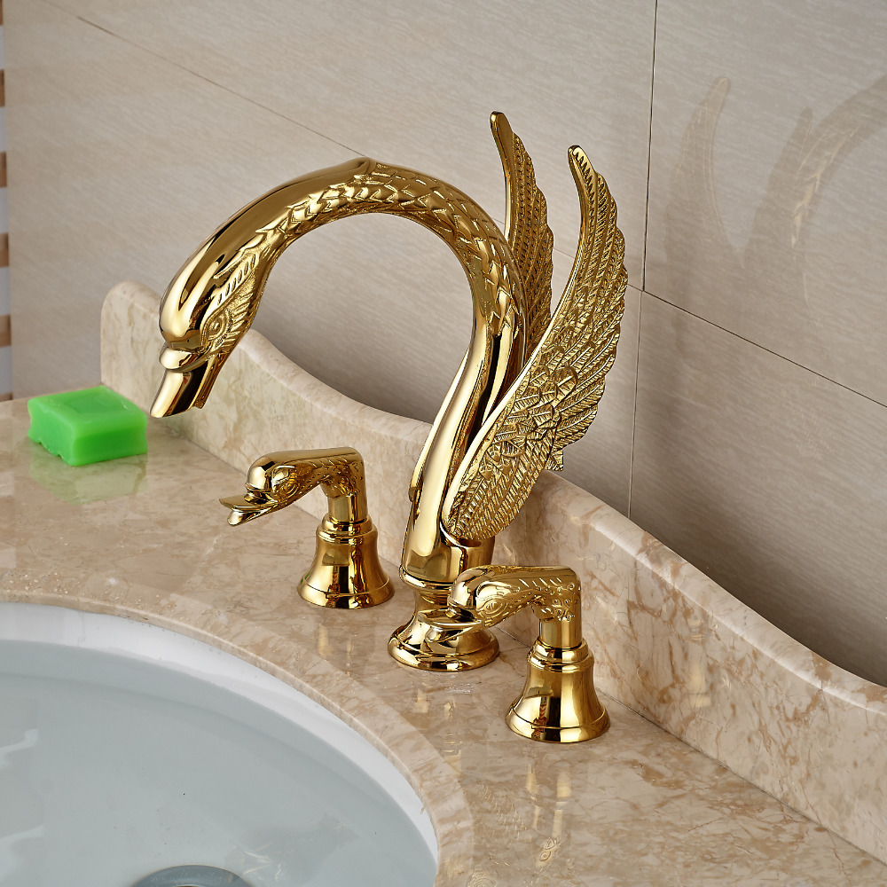 Soild Copper Gold Finish Bathroom Faucet Luxury Golden Swan Shape Basin Tap Dual Handle Deck Mount|deck mounted|bathroom faucetbasin tap - AliExpress