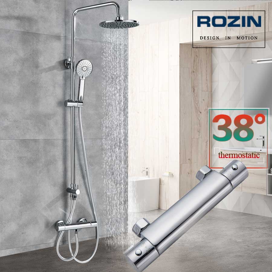 Chrome Bathroom Thermostatic Shower Mixer Faucet Dual Handle Brass Shower Column Rainfall Head and Hand Shower Hot Cold Tap|Shower Faucets|   - AliExpress