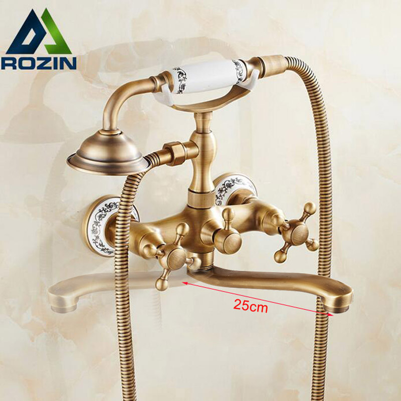 Wall Mounted Long Nose Bathtub Faucet Antique Brass Tub Sink Faucet Telephone Style Bathroom Bath Shower Set with Handshower|Shower Faucets|   - AliExpress