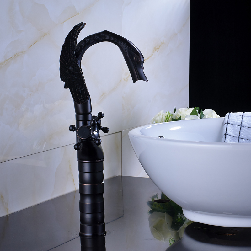 Dual Cross Handle Black Bronze Basin Faucet Deck Mounted Countertop Swan Bathroom Mixer Faucet hot and cold water