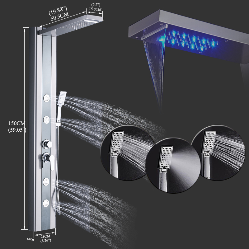 LED Light Shower Panel Tower Brushed Nickel Shower System 3 Function Handshower SPA Massage Sprayer Jet Bath Shower Mixers|Shower Faucets|   - AliExpress