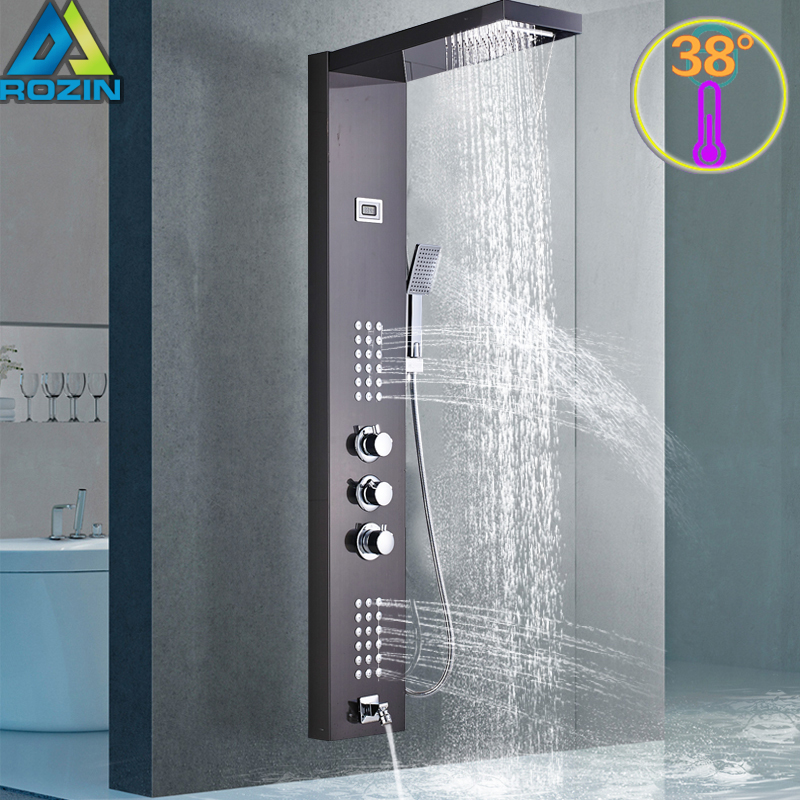 Intelligent Thermostatic Shower Panel Faucet Thermostatic Mixer Shower Set Waterfall Rain Bath Shower Faucet System 3 Handles Ta|Shower Faucets|   - AliExpress