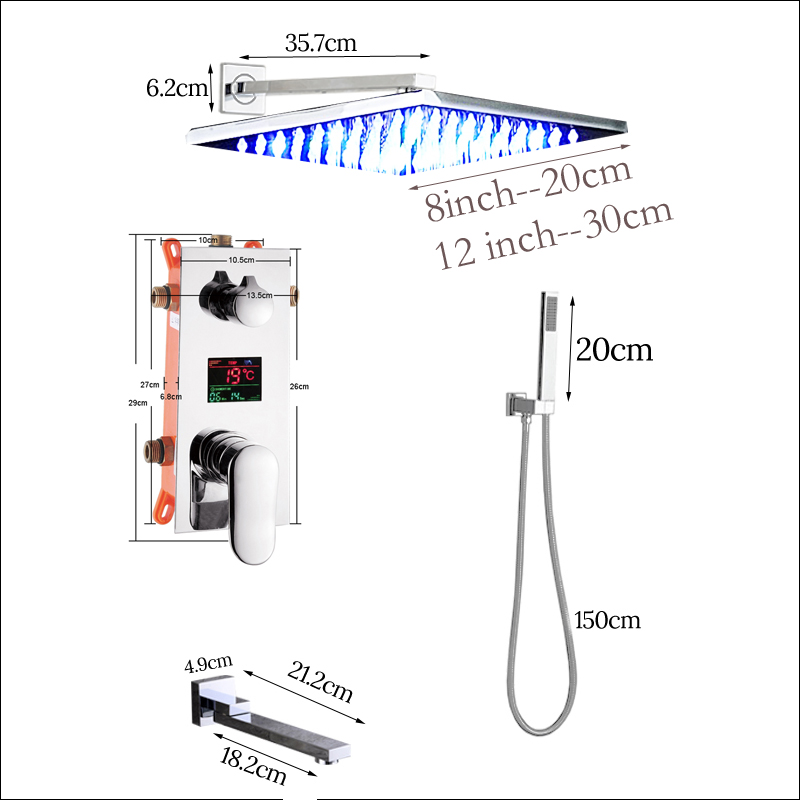 Chrome LED 12" Rainfall Shower Faucet Chrome Digital Temperature Screen Bath Shower Mixer with Handshower Swivel Folding Spout|Shower Faucets|   - AliExpress