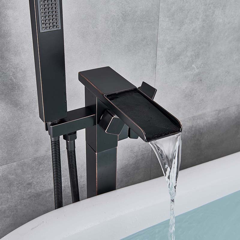 Black Bronze Floor Mounted Bathtub Mixer Tap Waterfall Spout Clawfoot Bathroom Tub Faucet with Hand Shower Hot Cold Water Tap|Bathtub Faucets|   - AliExpress