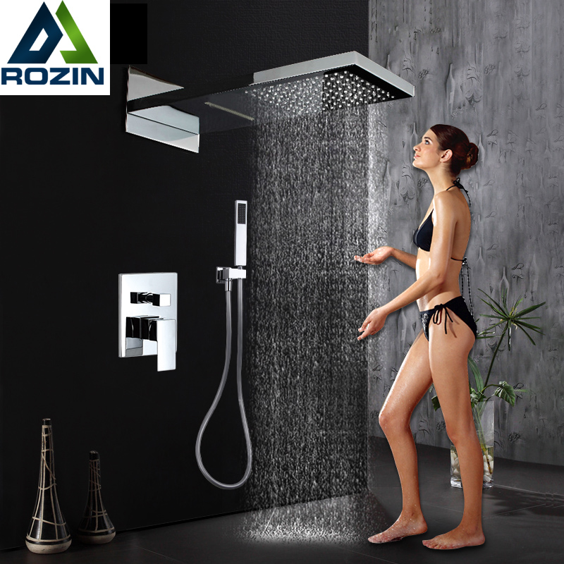 Chrome Waterfall Rain Shower Faucet Set Plastic Handshower Golden In Wall Shower Column 3 Ways Brass Mixer Valve Shower Tap|faucet set|shower faucet setrain shower faucet set - AliExpress