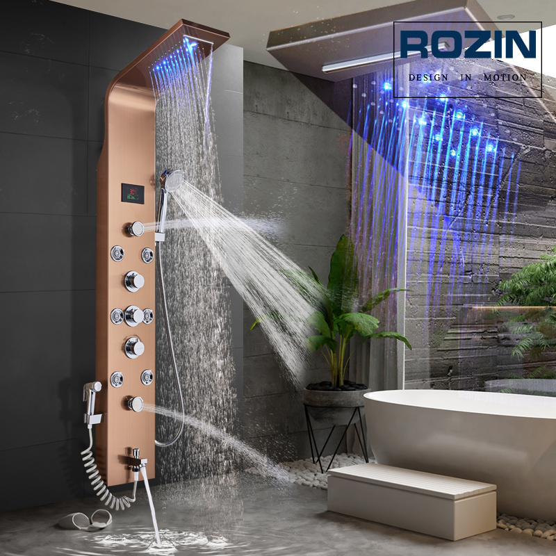 LED Light Shower System Bath Shower Column Rose Golden Rain Waterfall Shower Panel 3 Handles with Handshower Massage Jets Spout|Shower Faucets|   - AliExpress