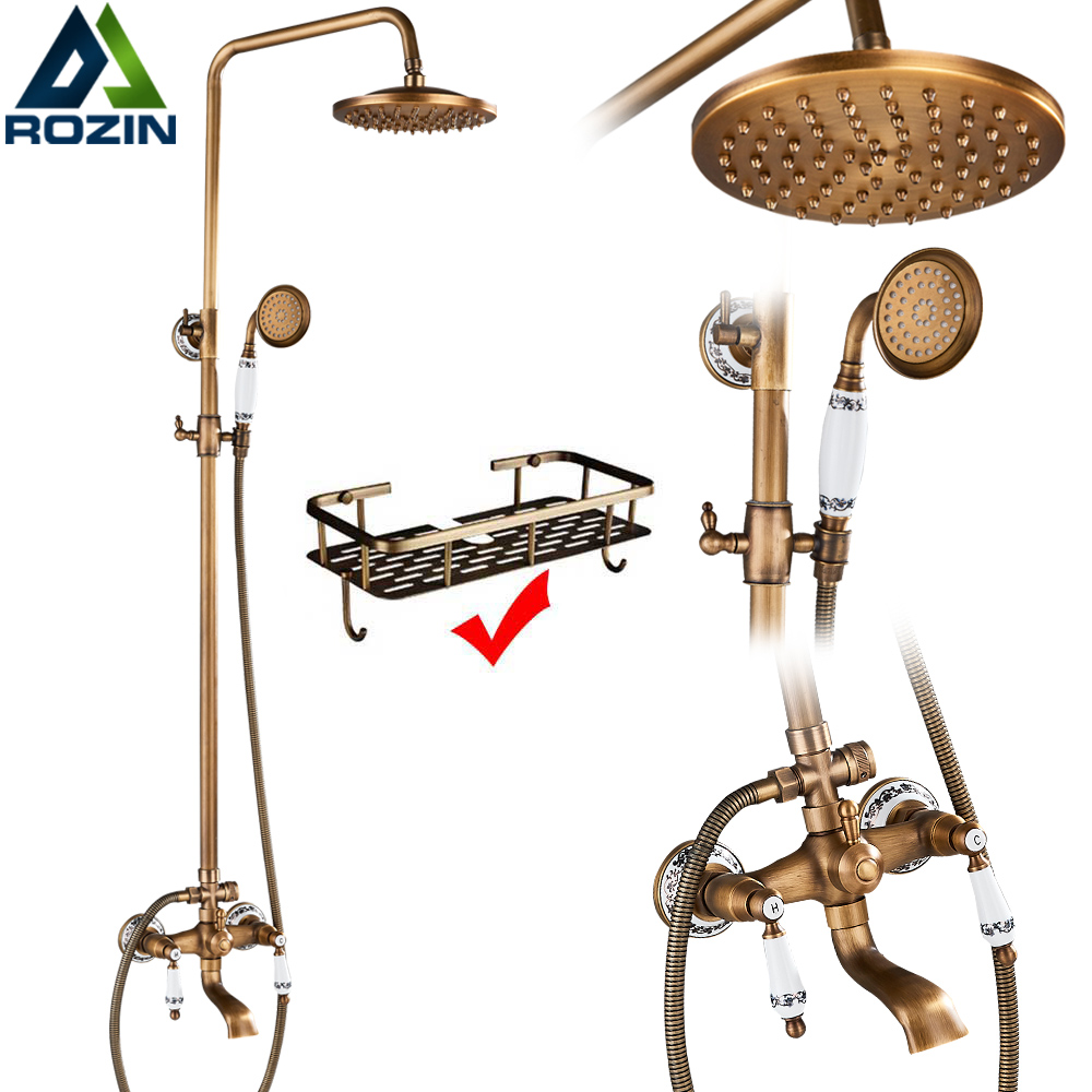 Brass Antique Shower Faucets Set  Porcelain Ceramic Shower Column Swivel Rotate Bath Spout Dual Knobs Mixer Tap Bath Shower Kit|shower faucets|rainfall shower faucetantique shower faucet - AliExpress