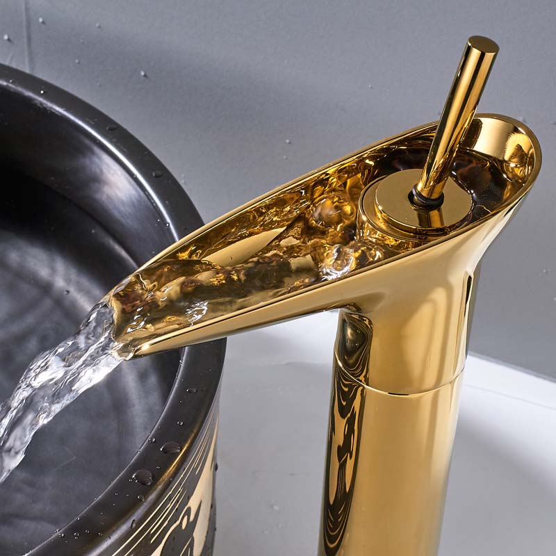 Golden Waterfall Spout Basin Faucet Deck Mounted Single Handle Bathroom Vessel Sink Mixer Tap One Hole Hot Cold Water Tap|Basin Faucets|   - AliExpress