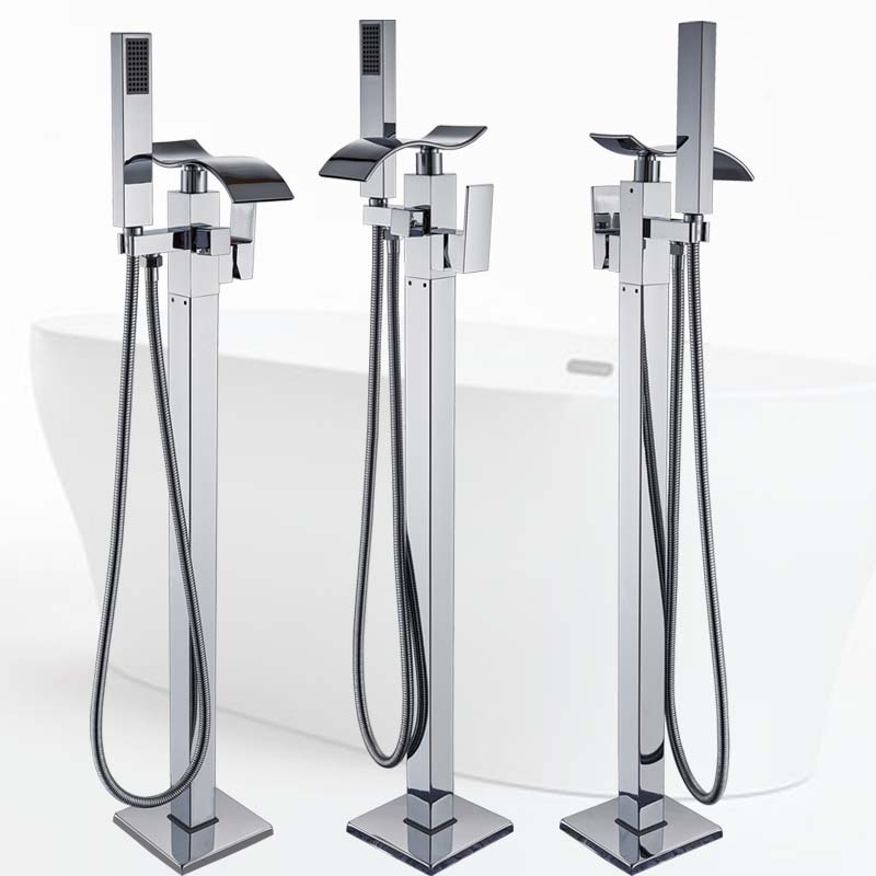 Chrome Waterfall Bathtub Faucet Floor Mounted Brass Square Bath Shower Set with Handshower Freestanding Tub Sink Tap Clawfoot|Shower Faucets|   - AliExpress