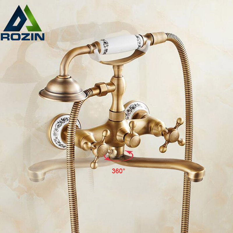 Wall Mounted Long Nose Bathtub Faucet Antique Brass Tub Sink Faucet Telephone Style Bathroom Bath Shower Set with Handshower|Shower Faucets|   - AliExpress