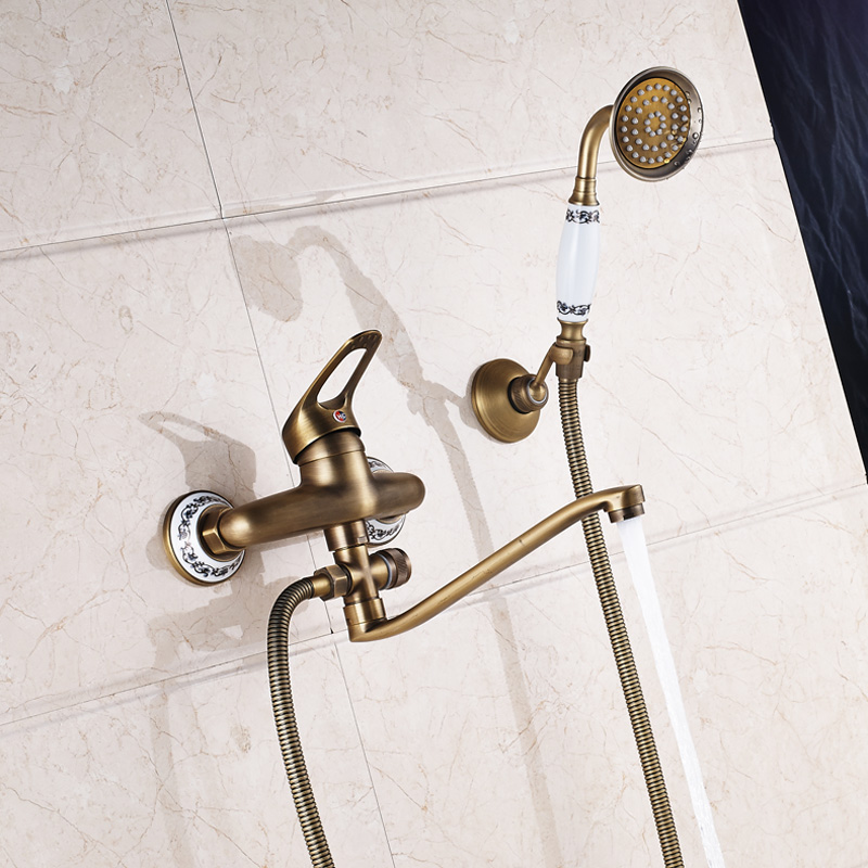 Antique Brass 25cm Outlet Pipe Bath Shower Faucet Wall Mounted Longer Nose Bathtub Mixers with Handshower|mixer mixer|mixer faucetmixer shower - AliExpress