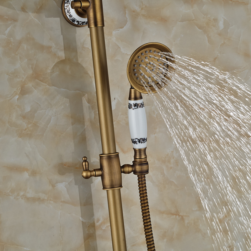 Antique Brass Bathroom Shower Faucet Complete Set Single Handle Ceramic Handshower Rotate Tub Filter Bath Shower Mixer Taps