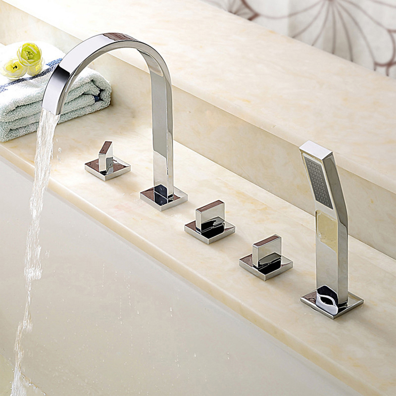 Deck Mounted Widespread Bathtub Faucet 3 Handles Bath Shower Mixers with Pull Out Handshower Chrome and Black Color|mixer mixer|mixer showermixer bath - AliExpress