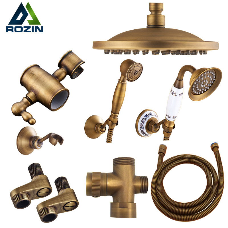 Rozin Antique Brass Rainfall Shower Head 3 Way Faucet Diverter Valve Wall Mount Brass Fixer Bracket Handshower Brass Shower Arm|Shower Heads|   - AliExpress