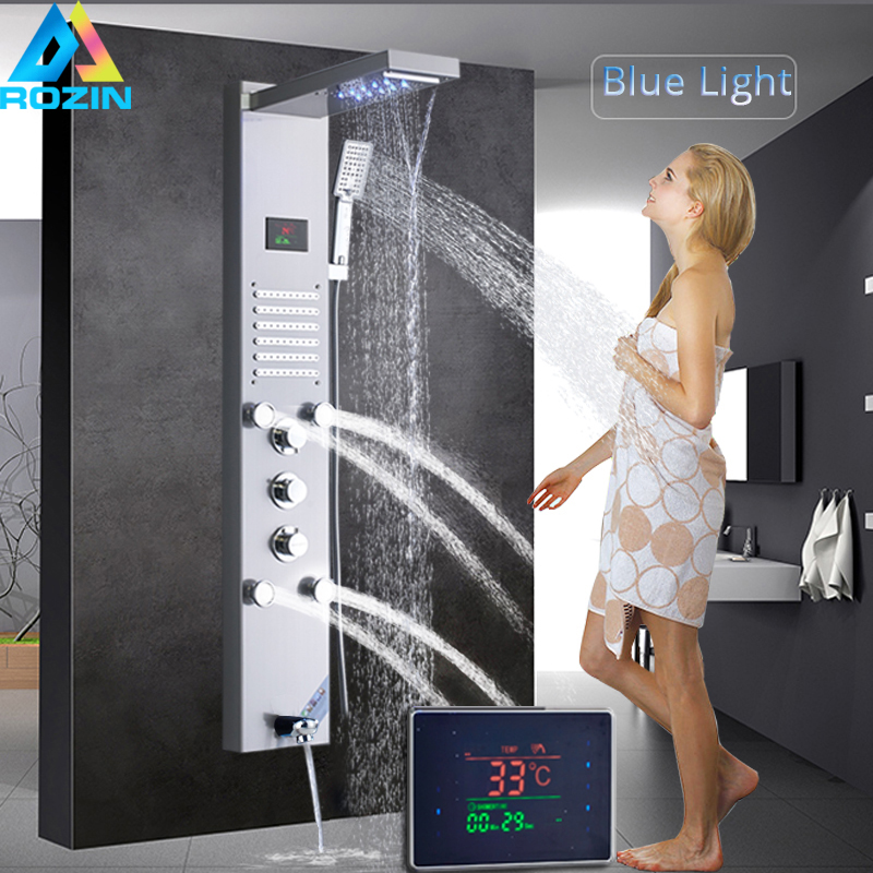 LED Light Shower Panel Faucet Waterfall Rain Shower Head SPA Massage Jets Shower Column Tower Digital Water Temperature Display|waterfall rain|thermostatic mixer showershower panel - AliExpress