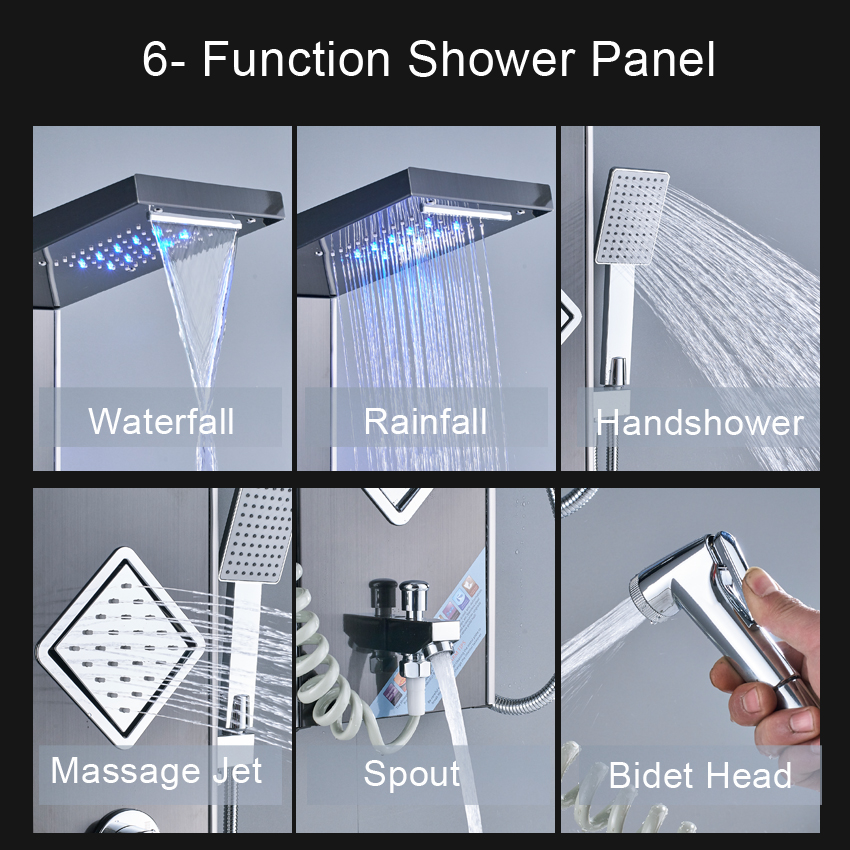 LED Light Waterfall Rain Shower Panel Bath Shower Faucet Column System 3 Handles 6 function Shower Mixers with Bidet Sprayer|Shower Faucets|   - AliExpress