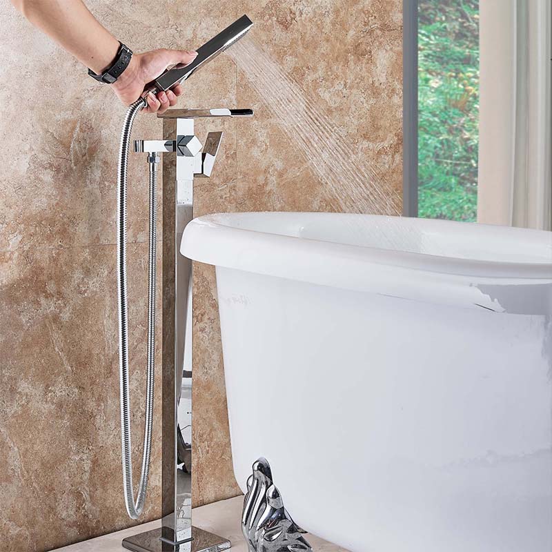 Chrome Waterfall Bathtub Faucet Single Handle Chrome Floor Mounted Tub Mixer with Handshower Freestanding Bath Tub Tap|Bathtub Faucets|   - AliExpress