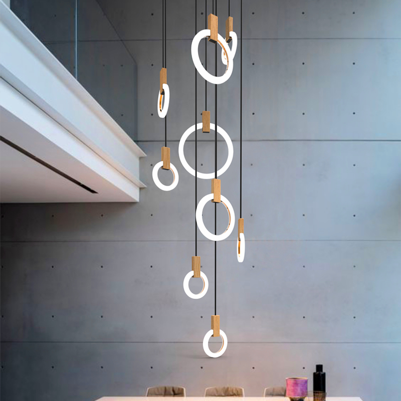 Modern LED stair chandelier lighting Nordic living room ceiling pendant lamps bedroom Acrylic rings fixtures Wood hanging lights|Chandeliers|   - AliExpress